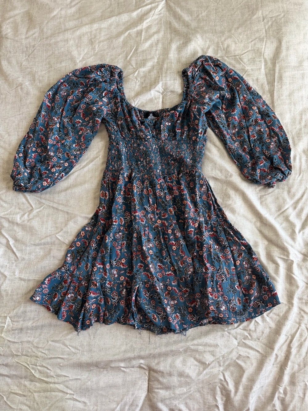 Angie Blue Floral Smocked Puff Sleeve Mini Dress (S)